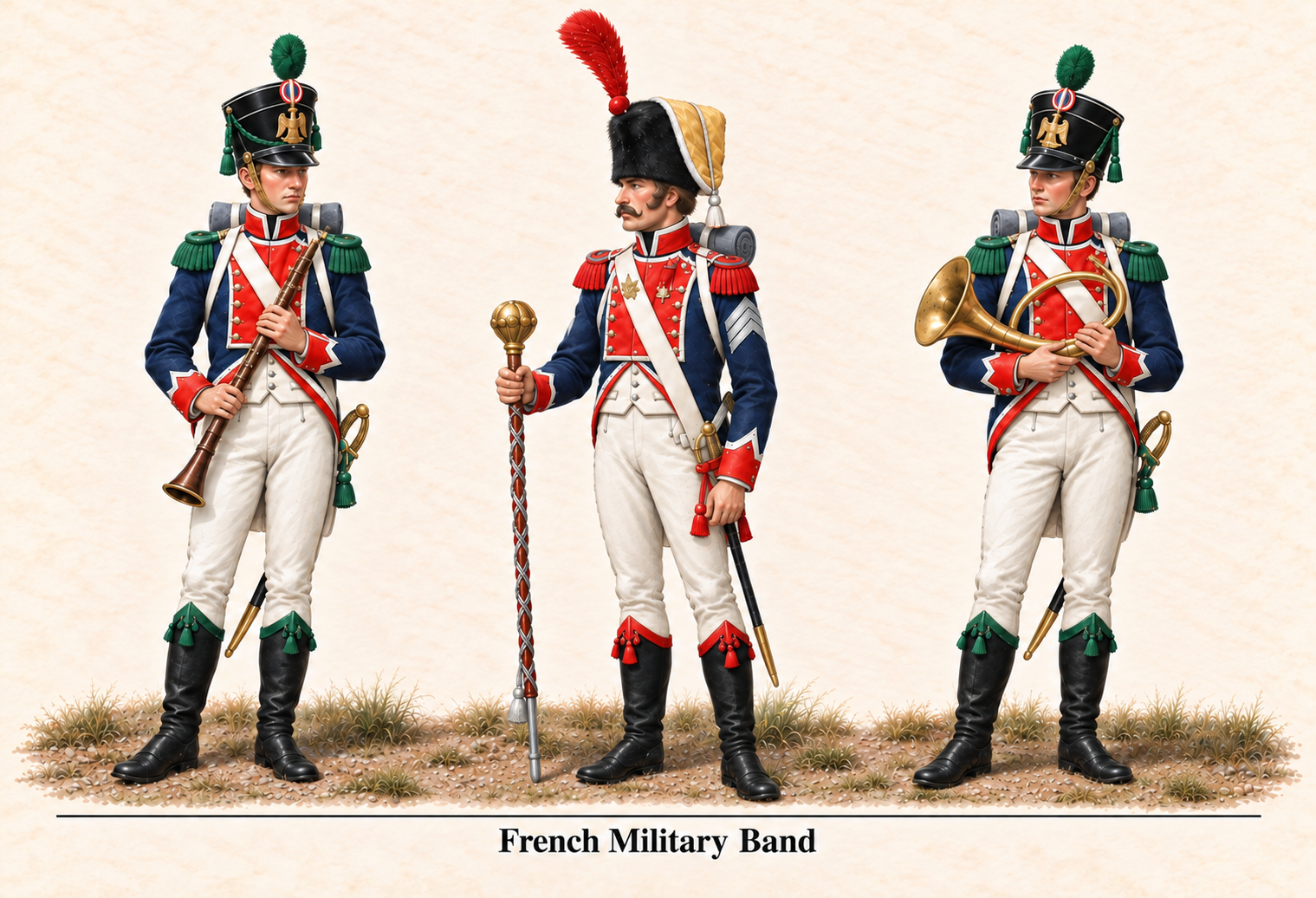 French Military Band reference plate with musicians and drum major