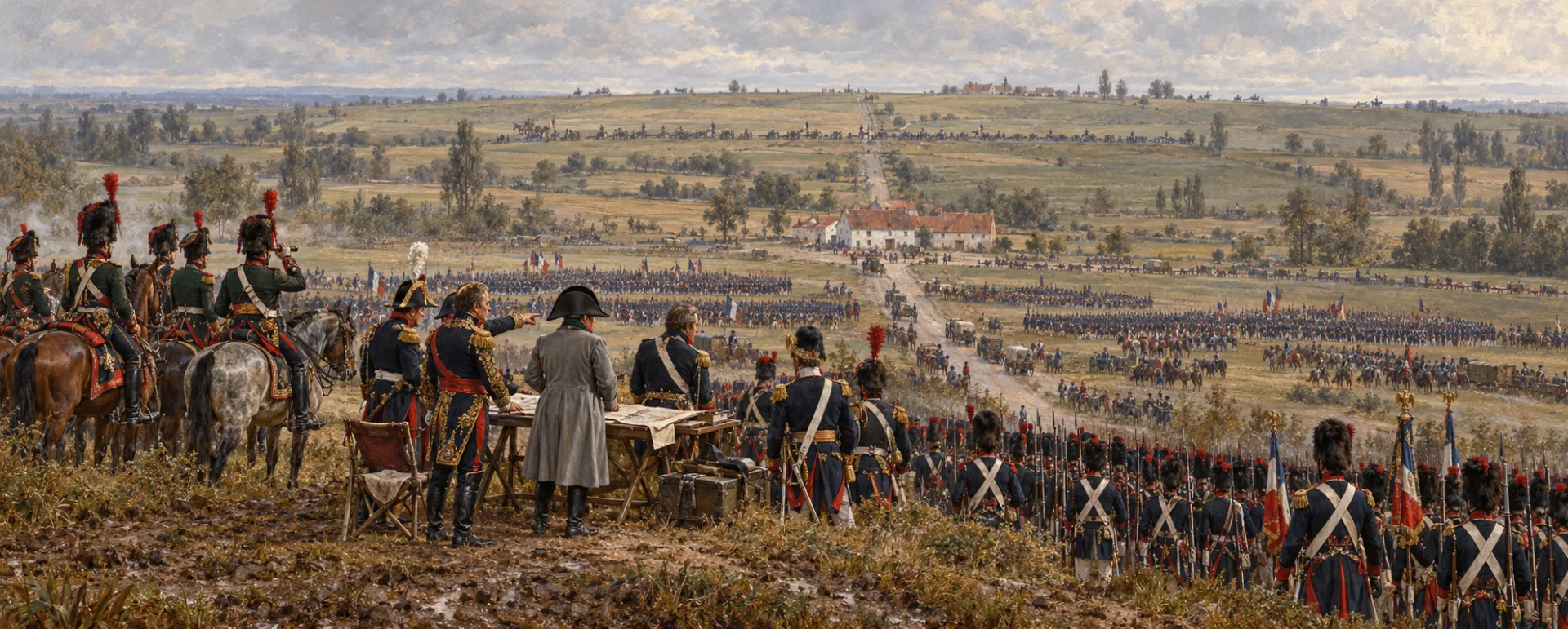 Napoleon in his grey coat, directing his marshals across the map table as the Armée du Nord deploys